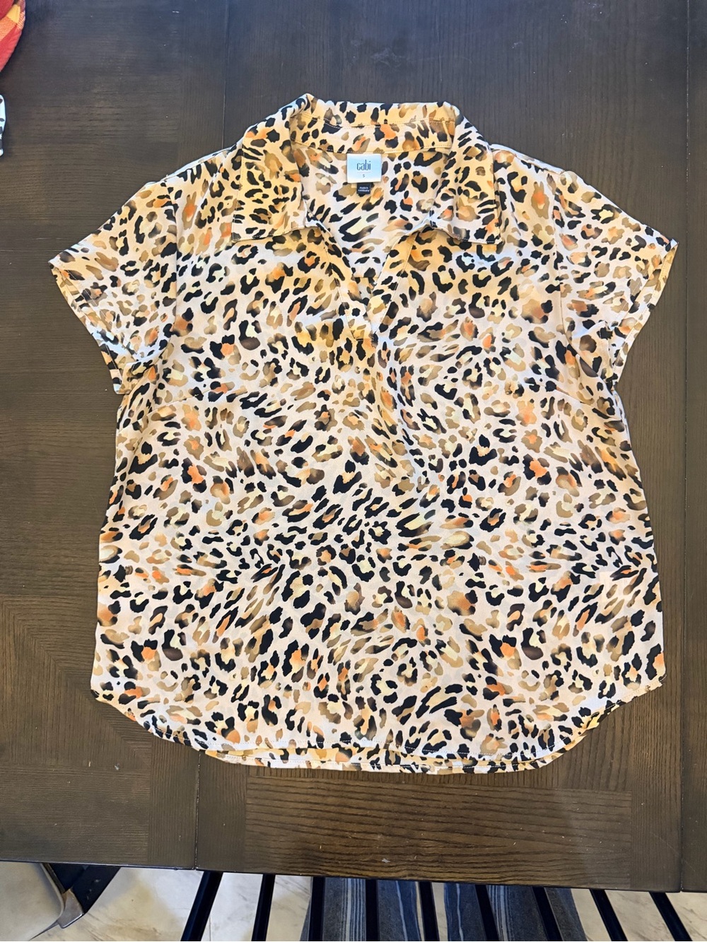 CAbi Women's Leopard Print Blouse in Black, Tan & Orange
